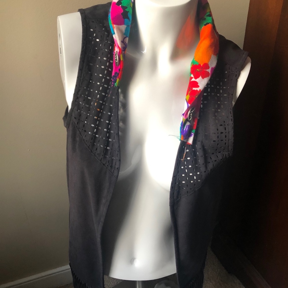 Detachable Hood Black Fringe Vest